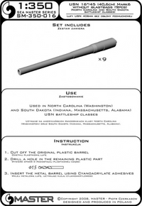 Photo of Master Model SM-350-016 1/350 scale 6in/45 (40.6 cm) Mark 6 turned aluminum barrels, set of 9 for US Navy battleship models.