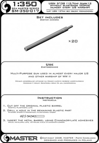 Photo of Master Model SM-350-017 5in/38 (12.7 cm) Mark 12 metal barrels set, showing 20 precision-turned brass barrels for 1:350 scale US Navy warship models.