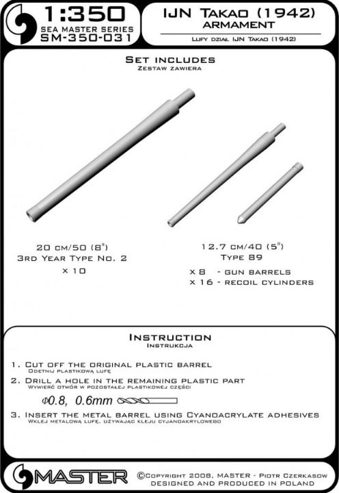 Photo of 1:350 scale metal barrels set for IJN Takao (1942) by Master (SM-350-031), including turned brass 20cm and 12.7cm barrels.