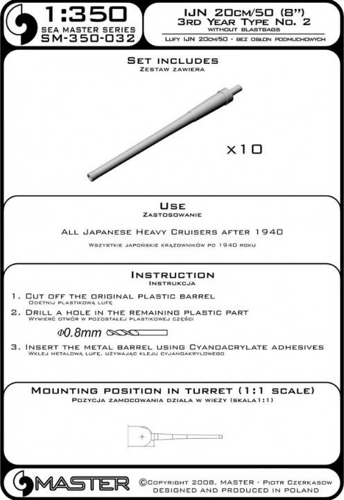 Photo of Master SM-350-032 20cm/50 (8") brass barrels for IJN heavy cruisers in 1:350 scale. Precision model accessory with 10 turned brass barrels.