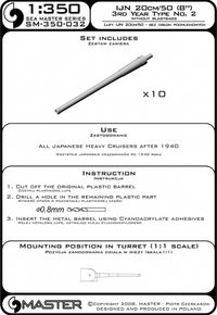 Photo of Master SM-350-032 20cm/50 (8") brass barrels for IJN heavy cruisers in 1:350 scale. Precision model accessory with 10 turned brass barrels.