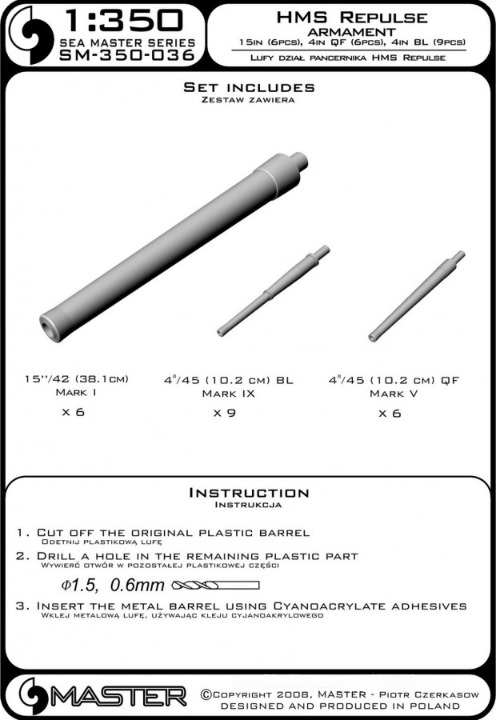 Photo of Master SM-350-036 Metal Barrels for HMS Repulse 1:350 scale, including turned aluminum and brass barrels.