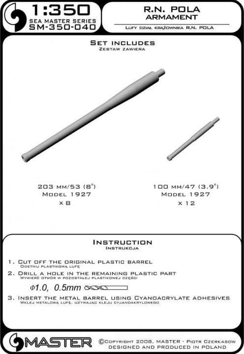 Photo of Master SM-350-040 metal barrels set for RN Pola in 1:350 scale, featuring 203mm and 100mm turned brass barrels.