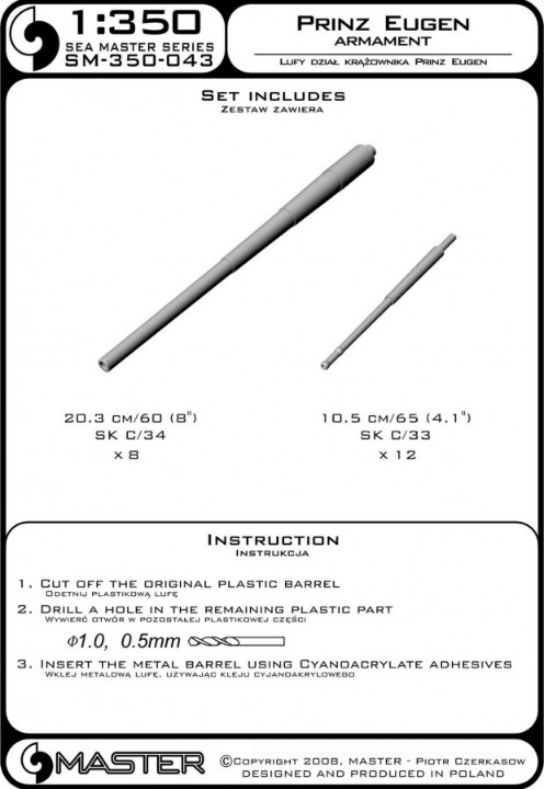 Photo of Master SM-350-043 metal barrels for Prinz Eugen 1:350 scale model, including 203mm aluminum and 105mm brass barrels.