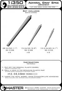 Photo of metal barrels for Admiral Graf Spee in 1:350 scale, Master SM-350-044, including 280mm, 150mm, and 105mm turned brass barrels.