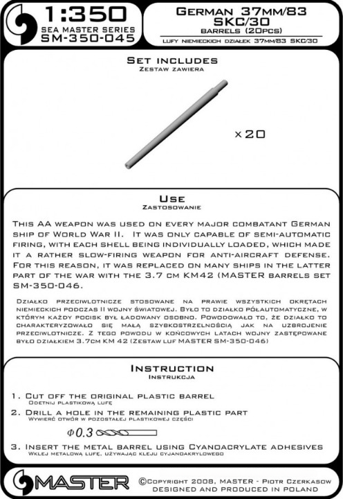 Photo of 1:350 scale Master 37mm/83 SK C/30 brass barrels for German warships, set of 20 pieces (SM-350-045).