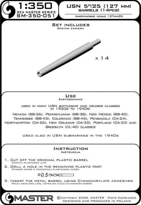 Photo of 1:350 scale 5in/25 (12.7mm) metal barrels set by Master (SM-350-051), including 14 turned brass barrels for US Navy warship models.