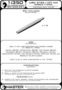 Photo of 1:350 scale 5in/25 (12.7mm) metal barrels set by Master (SM-350-051), including 14 turned brass barrels for US Navy warship models.