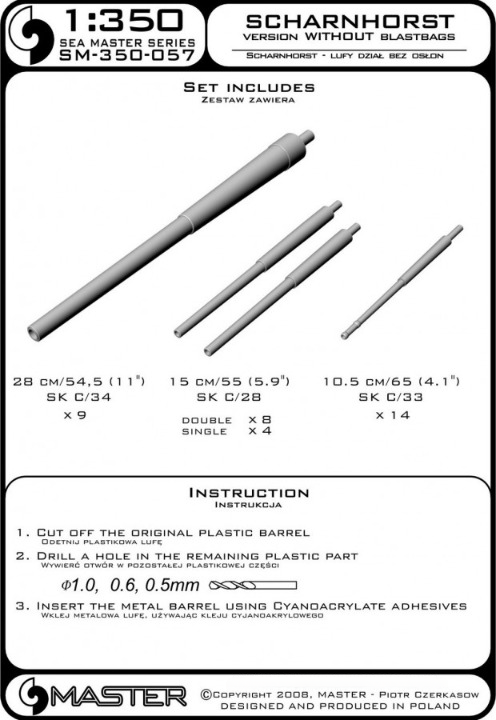 Photo of Master 1:350 Scharnhorst brass barrel set (SM-350-057) with 28cm, 15cm, and 10.5cm barrels, designed for Dragon model without blastbags.