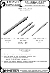 Photo of turned brass barrels for 1:350 scale Scharnhorst model by Master, including 28cm, 15cm, and 10.5cm barrels, perfect for Dragon kits.