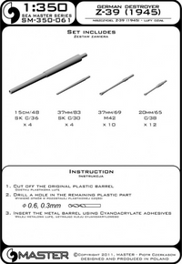 Photo of the Master Model SM-350-061 1:350 scale turned brass barrels for the Dragon Z-39 1945 German destroyer model, showcasing fine detail and craftsmanship.