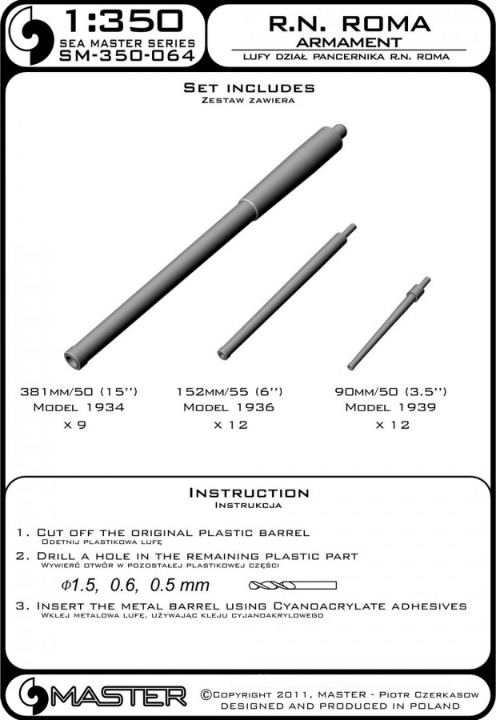 Photo of metal barrels for RN Roma and RN Vittorio Veneto 1:350 scale, Master SM-350-064, showing aluminum and brass barrels in various sizes.