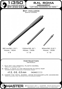 Photo of metal barrels for RN Roma and RN Vittorio Veneto 1:350 scale, Master SM-350-064, showing aluminum and brass barrels in various sizes.