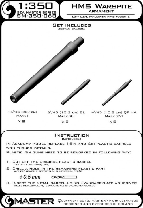 Photo of Master SM-350-068 metal barrels for HMS Warspite 1:350 scale model, including 24 aluminum and brass barrels in various sizes.