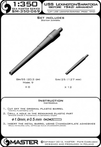 Photo of metal barrels for USS Lexington/Saratoga (pre-1942) in 1:350 scale by Master (SM-350-069), featuring 8in Mk9 and 5in/25 barrels made of aluminum and brass.