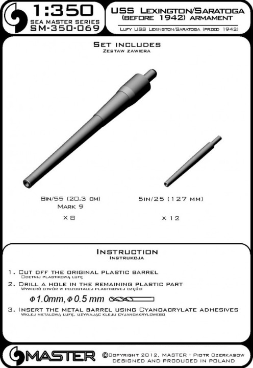 Photo of metal barrels for USS Lexington/Saratoga (pre-1942) in 1:350 scale by Master (SM-350-069), featuring 8in Mk9 and 5in/25 barrels made of aluminum and brass.