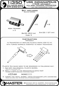 Photo of USS Indianapolis CA-35 (1945) 1:350 scale armament set by Master (SM-350-074), featuring turned aluminum and brass barrels with resin trunnion, designed for Trumpeter model kits.