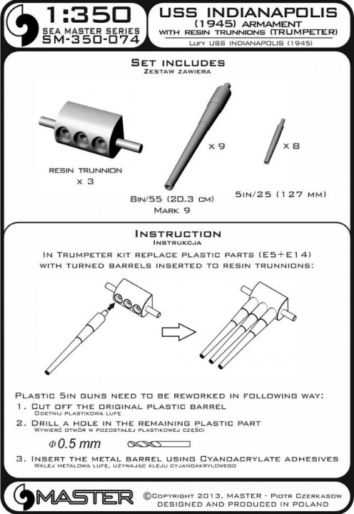 Photo of USS Indianapolis CA-35 (1945) 1:350 scale armament set by Master (SM-350-074), featuring turned aluminum and brass barrels with resin trunnion, designed for Trumpeter model kits.