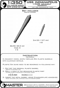 Photo of metal barrels for USS Indianapolis CA-35 (1945) 1:350 scale model, Master SM-350-075, including 8in and 5in turned aluminum and brass barrels.