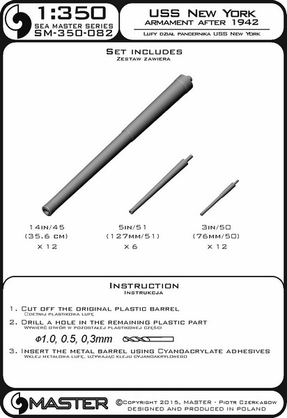 Photo of Metal Barrels for USS New York BB-34 in 1:350 Scale by Master (SM-350-082), including aluminum and brass barrels for 4in, 5in, and 3in guns.