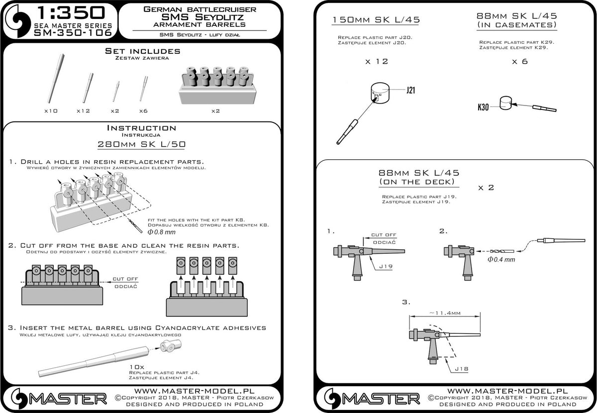 Photo of Master SM-350-106 metal barrels set for SMS Seydlitz in 1:350 scale, including turned aluminum and brass barrels with resin mounts.