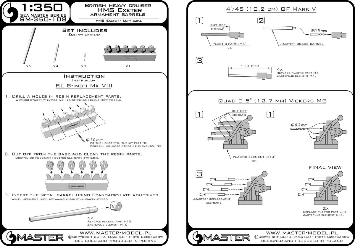 Photo of Master metal barrels set SM-350-108 for HMS Exeter (1939), including 6x 8in, 4x 4in, and 8x Vickers 0.5in barrels in 1:350 scale.