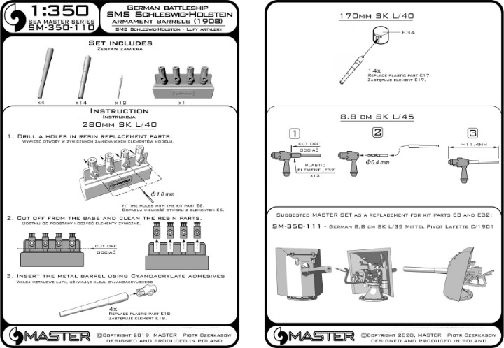 Photo of the Master (SM-350-110) 1:350 scale metal barrel set for Schleswig-Holstein (1908), including turned aluminum and brass barrels with resin mounts.