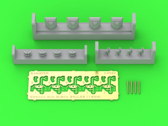 Photo of the German 8.8cm/35 SK L/35 Naval Gun Set (1:350 Scale) by Master Model (SM-350-111) showing resin, turned brass, and PE parts.