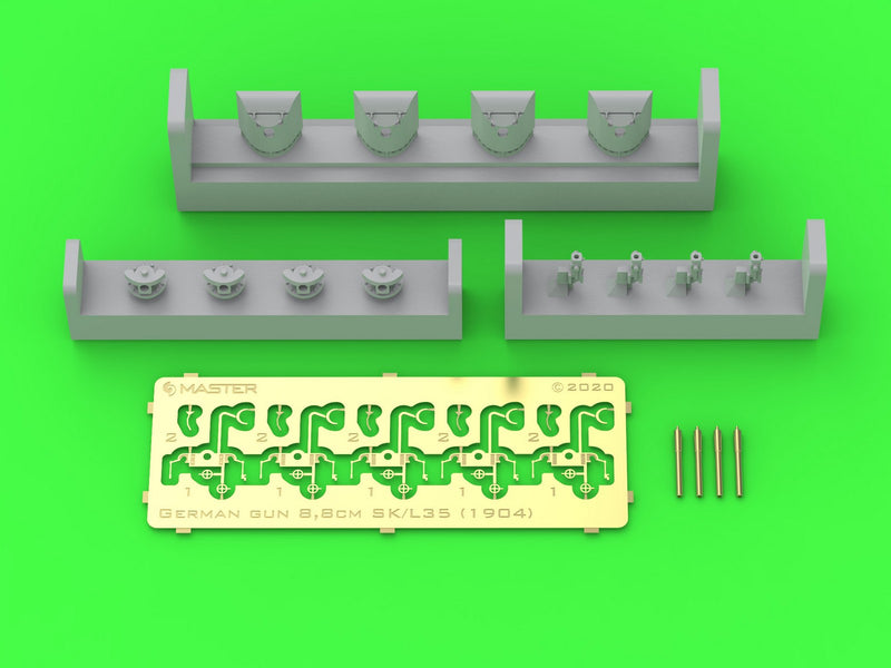 Photo of the German 8.8cm/35 SK L/35 Naval Gun Set (1:350 Scale) by Master Model (SM-350-111) showing resin, turned brass, and PE parts.