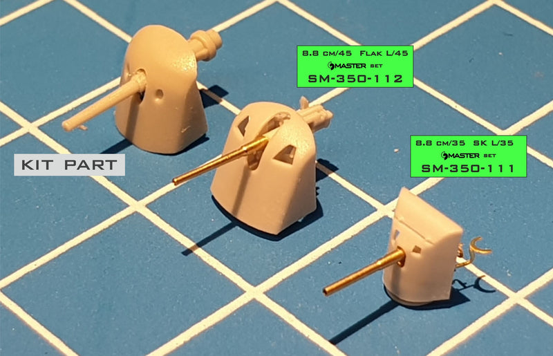 Photo of the German 8.8cm/35 SK L/35 Naval Gun Set (1:350 Scale) by Master Model (SM-350-111) showing resin, turned brass, and PE parts.