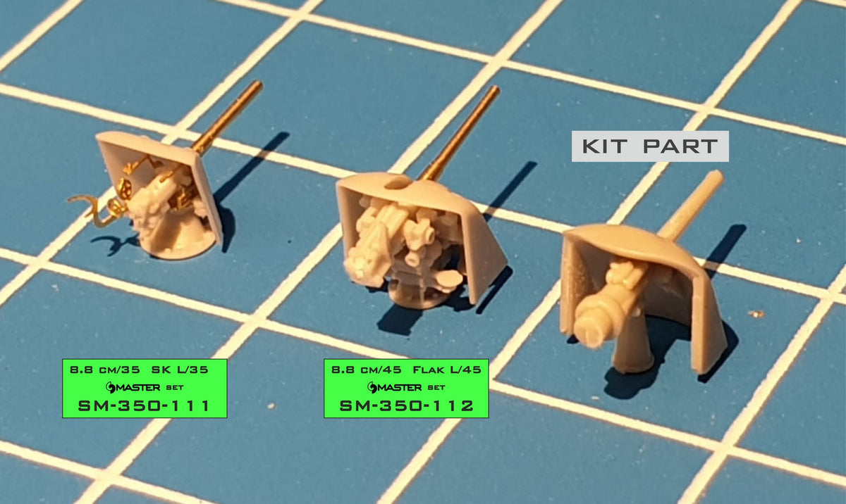 Photo of the German 8.8cm/35 SK L/35 Naval Gun Set (1:350 Scale) by Master Model (SM-350-111) showing resin, turned brass, and PE parts.