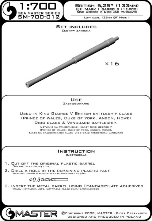 Photo of Master (SM-700-012) 5.25in (133mm) QF Mark I metal barrels for British warships in 1:700 scale.