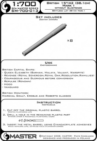 Photo of Master SM-700-013 15in/42 Mk I brass barrels for 1:700 scale British warships, showing precision craftsmanship and compatibility with turret models.