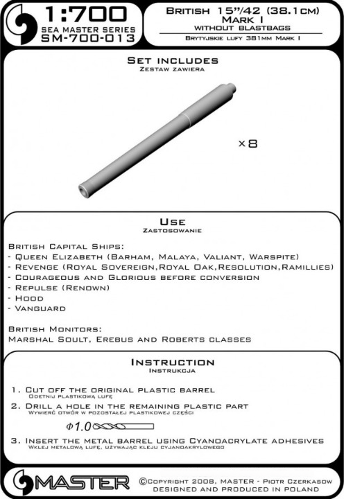 Photo of Master SM-700-013 15in/42 Mk I brass barrels for 1:700 scale British warships, showing precision craftsmanship and compatibility with turret models.