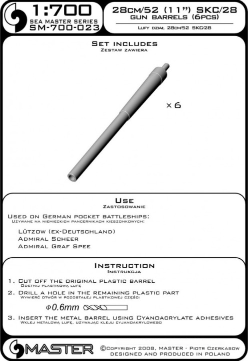 Photo of Master SM-700-023 metal barrels for 1:700 scale German warships, showing 28cm/52 SKC/28 brass barrels for Lützow, Admiral Scheer, and Admiral Graf Spee.