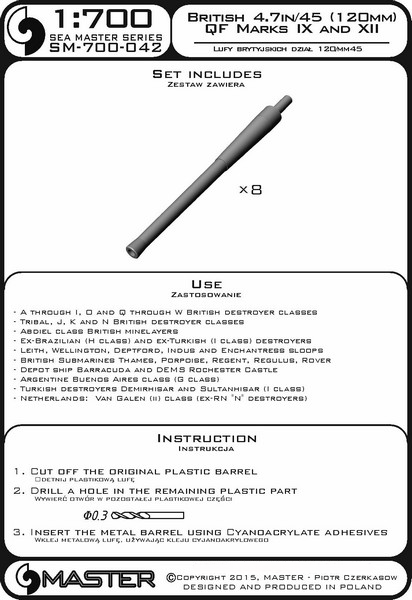 Photo of 4.7"/45 (120mm) QF Marks IX and XII brass barrels set for 1:700 scale British warships by Master Model (SM-700-042).