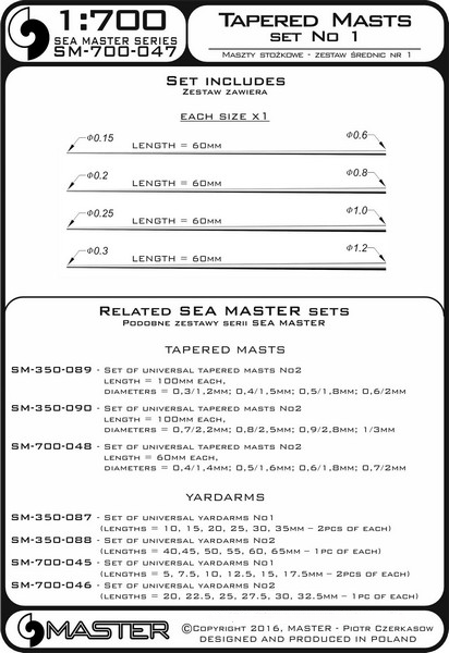 Photo of the Universal Tapered Masts Set No.1 (1:700 Scale) by Master (SM-700-047), showing four brass masts with tapered diameters and lengths of 60mm each.