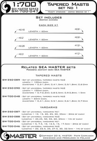 Photo of the Universal Tapered Masts Set No.1 (1:700 Scale) by Master (SM-700-047), showing four brass masts with tapered diameters and lengths of 60mm each.