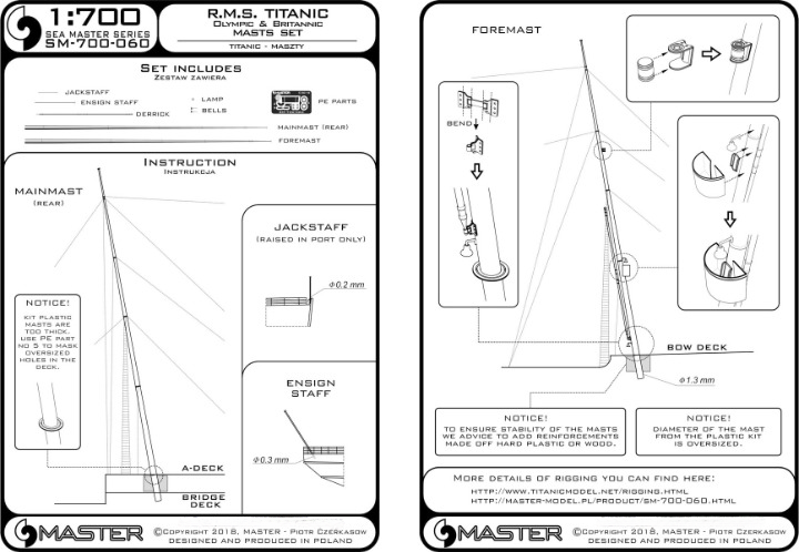 Photo of 1:700 scale Titanic, Olympic, Britannic masts set with turned aluminum, brass barrels, and resin mounts by Master (SM-700-060).