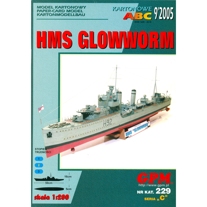 Image of the GPM Publishing HMS Glowworm Card Model Kit, scale 1:200, showcasing the kit's detailed components and design, perfect for creating a historically accurate model of the legendary British naval destroyer.