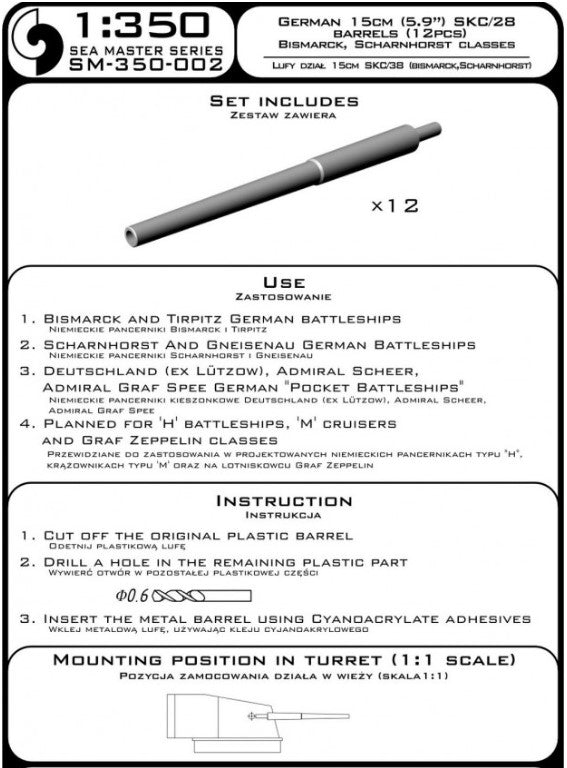 Photo of 1:350 scale 15cm SKC/28 brass barrels for German battleships by Master (SM-350-002), suitable for Bismarck, Tirpitz, Scharnhorst, and Gneisenau.