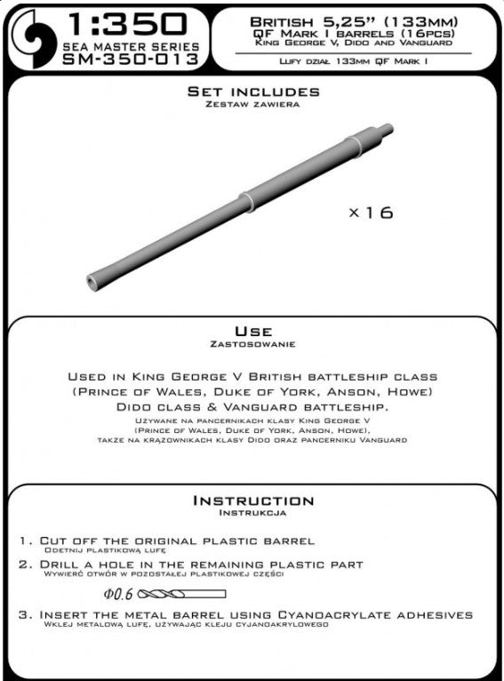 Photo of 1:350 scale 5.25in (133mm) QF Mark I metal barrels by Master Model, compatible with King George V battleships, Dido class, and Vanguard.