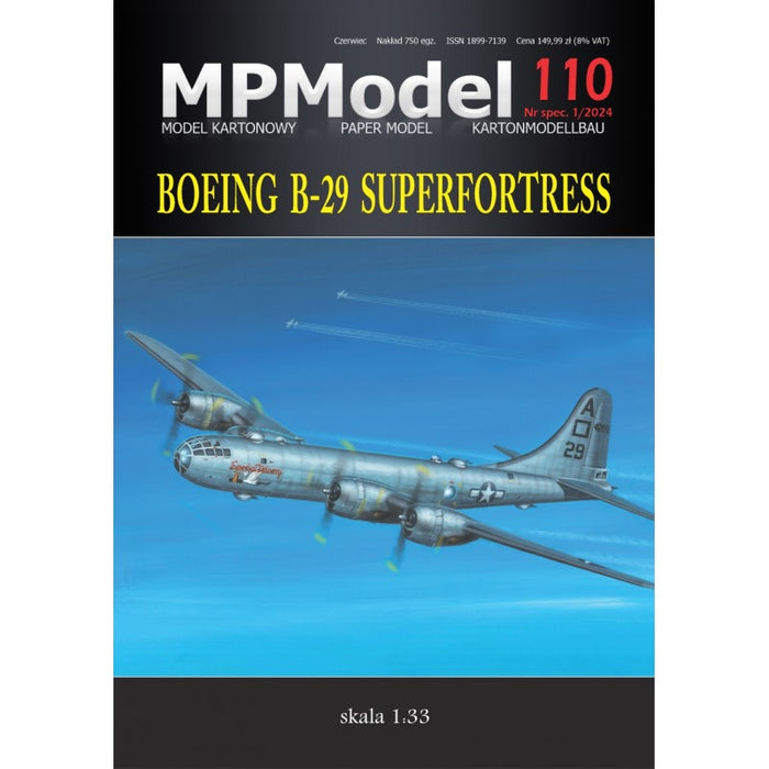 Photo of Boeing B-29 Superfortress card model kit in 1:33 scale by MPModel, showing realistic aircraft details and components for assembly.