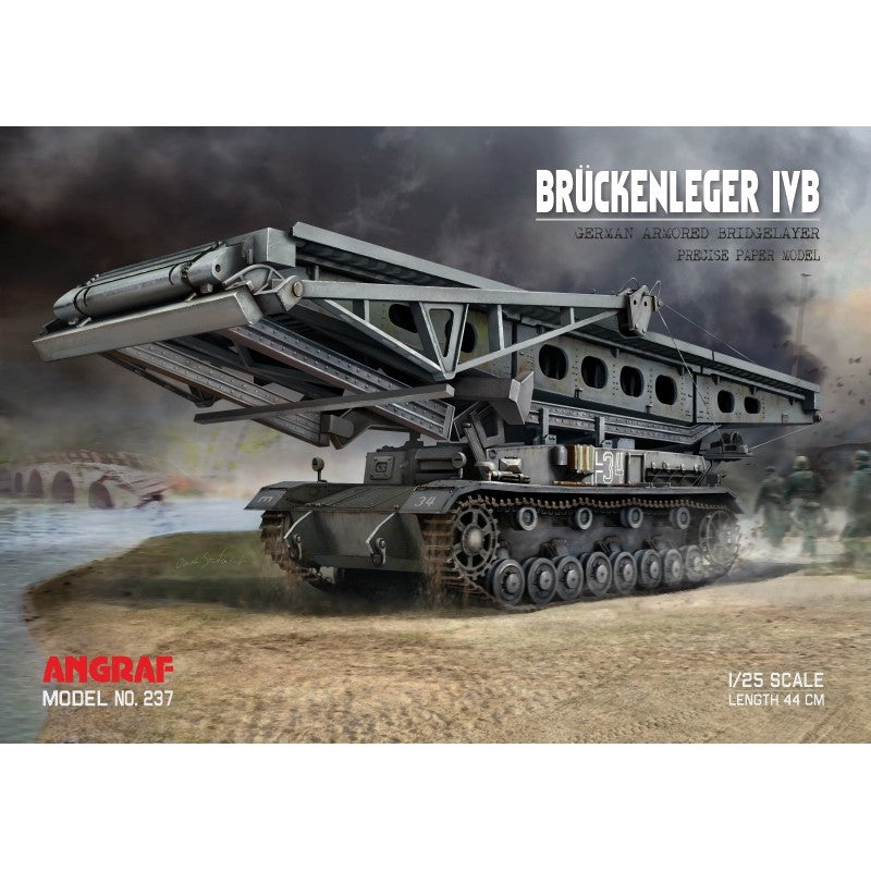 Photo of the cardboard model kit of the Armored Bridgelayer Brückenleger IVb in 1:25 scale by Answer/Angraf, showing A3 sheets and detailed components.