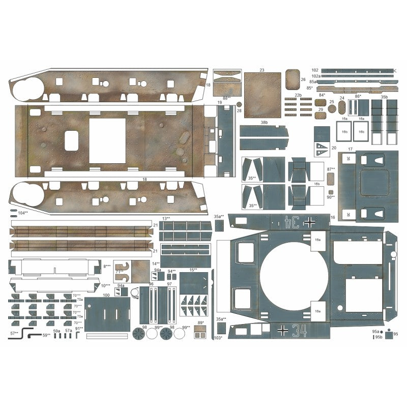 Photo of the cardboard model kit of the Armored Bridgelayer Brückenleger IVb in 1:25 scale by Answer/Angraf, showing A3 sheets and detailed components.