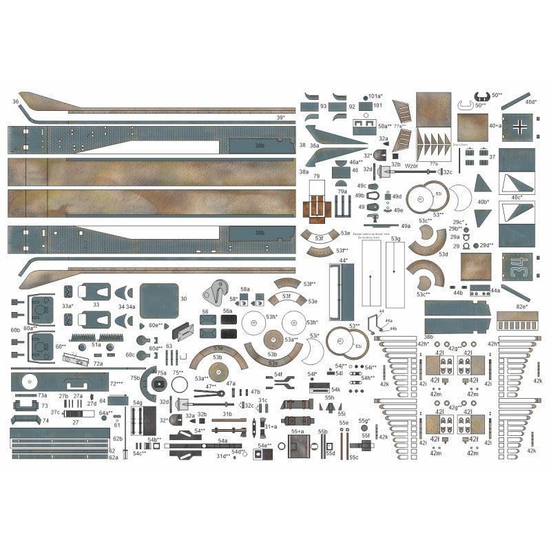 Photo of the cardboard model kit of the Armored Bridgelayer Brückenleger IVb in 1:25 scale by Answer/Angraf, showing A3 sheets and detailed components.