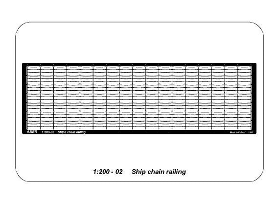 Photo of ABER RE-200-02 1:200 scale railing with three horizontal chains, 105 cm long, made from photo-etched brass for detailed ship model enhancements.