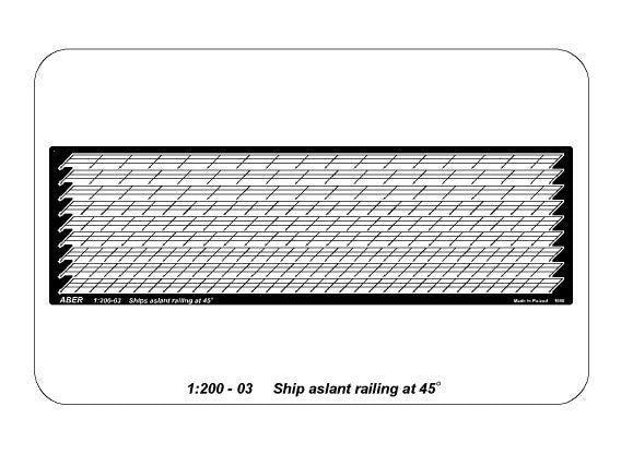 Photo of ship aslant railing for stairs at 45 degrees, 1:200 scale, ABER RE-200-03, finely etched metal with a total length of 134 cm.