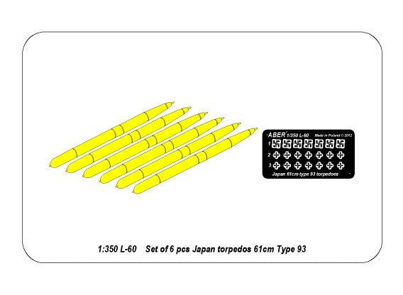 Photo of Japanese Type 93 torpedoes set (1:350 scale) by ABER, featuring six detailed WWII-era torpedoes designed for model warships.