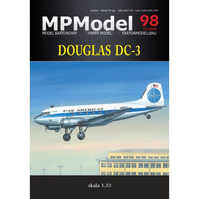 Photo of the Douglas DC-3 cardboard model kit, 1:33 scale, featuring A3 sheets and detailed design by Answer/MPModel.